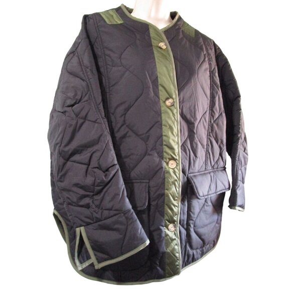 Aaron Amber Small Quilted Nylon Jacket Black Green Button Front NY Co New - Picture 1 of 16
